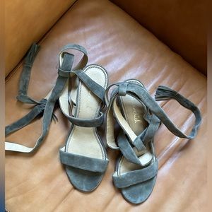 Velvet ankle wrap block heel sandals